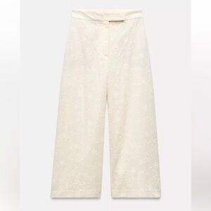 ZARA Floral Neutral Embroidered Wide-Leg Pants